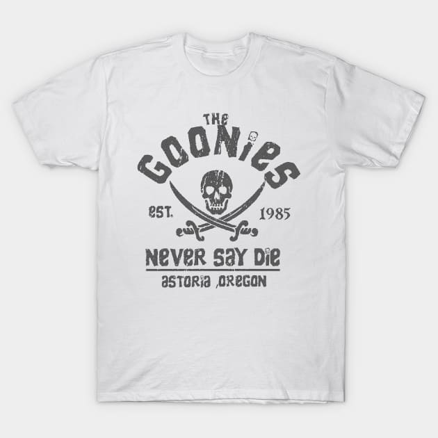 The Goonies - Never Say Die - Grey on Black T-Shirt by zippingcurse